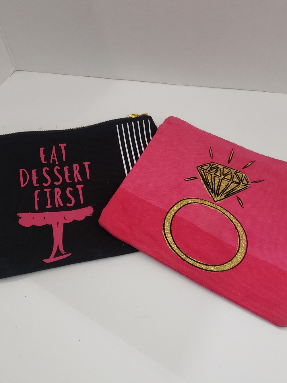 Set of 2 Canvas Makeup Bags Pouch - "Eat Dessert First" & Gold Diamond Ring Grap